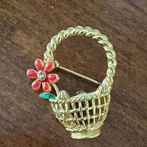 Gold and Red Flower Basket Brooch